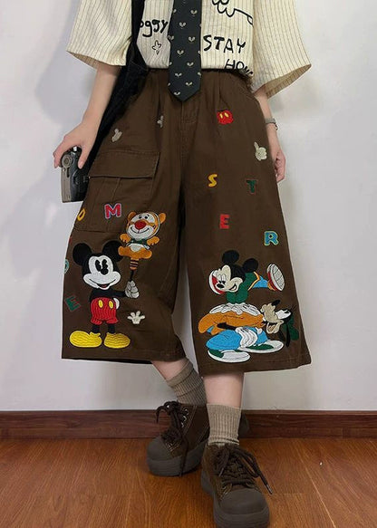 New Coffee Cartoon Print Pockets Denim Mens Crop Pants Summer