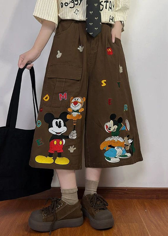 New Coffee Cartoon Print Pockets Denim Mens Crop Pants Summer