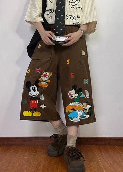 New Coffee Cartoon Print Pockets Denim Mens Crop Pants Summer