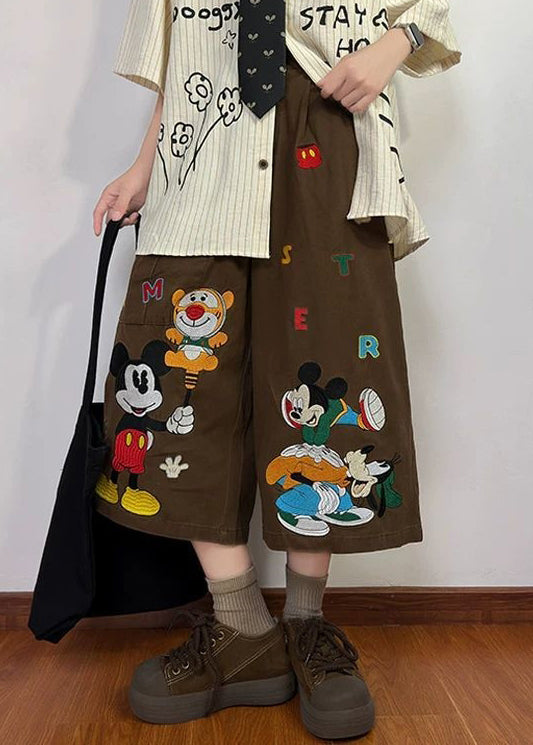 New Coffee Cartoon Print Pockets Denim Mens Crop Pants Summer