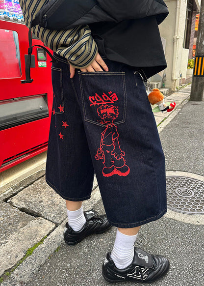 New Navy Print Pockets Denim Men Crop Pants Summer