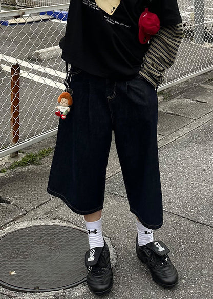 New Navy Print Pockets Denim Men Crop Pants Summer