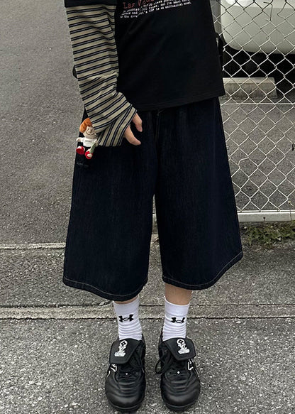 New Navy Print Pockets Denim Men Crop Pants Summer