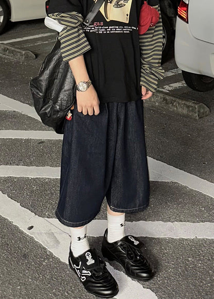 New Navy Print Pockets Denim Men Crop Pants Summer