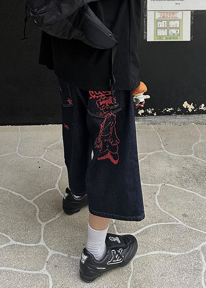 New Navy Print Pockets Denim Men Crop Pants Summer