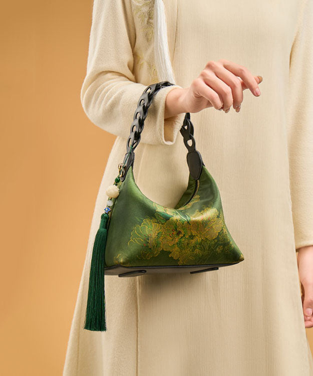 Silk Bag Blackish Tassel Retro New Print Tote Green