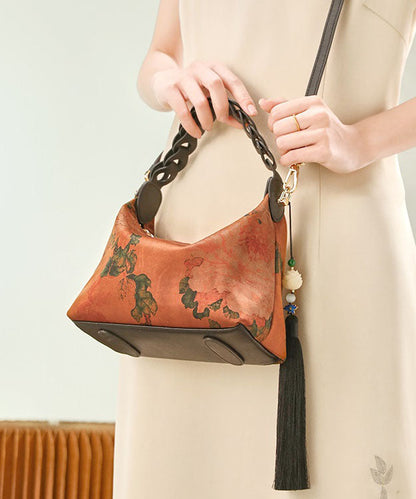 Silk Bag Blackish Tassel Retro New Print Tote Green