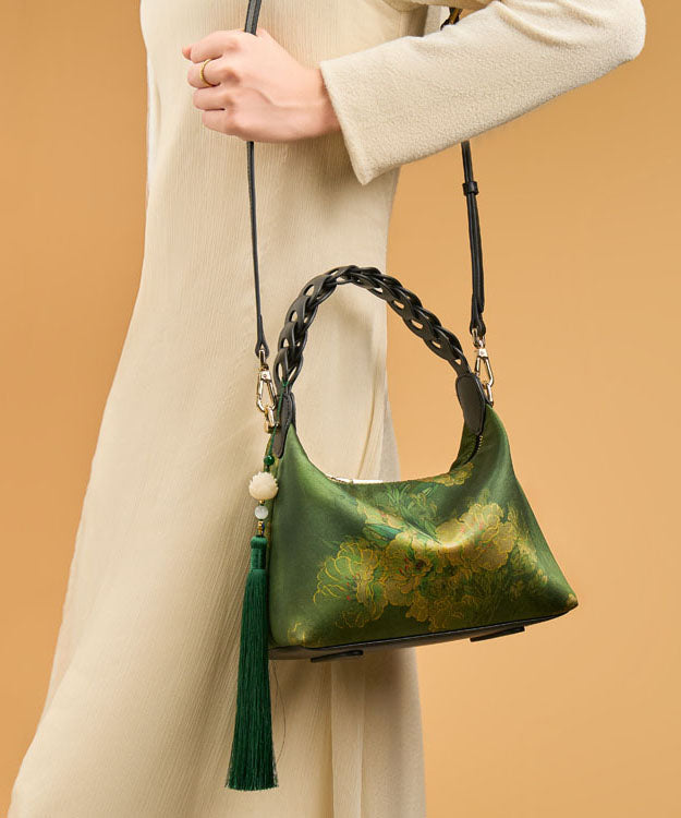 Silk Bag Blackish Tassel Retro New Print Tote Green