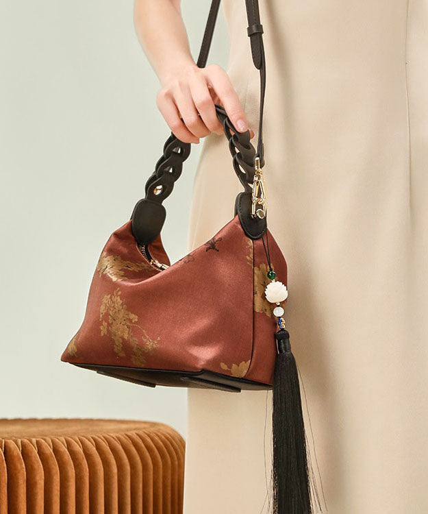 Silk Bag Blackish Tassel Retro New Print Tote Green