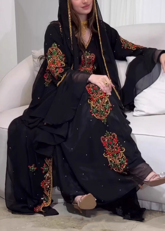 New Style Black Embroidered Robe Dress Two Pieces Set Summer