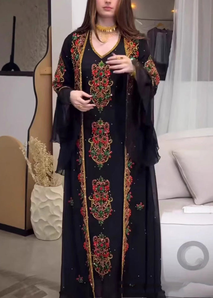 New Style Black Embroidered Robe Dress Two Pieces Set Summer