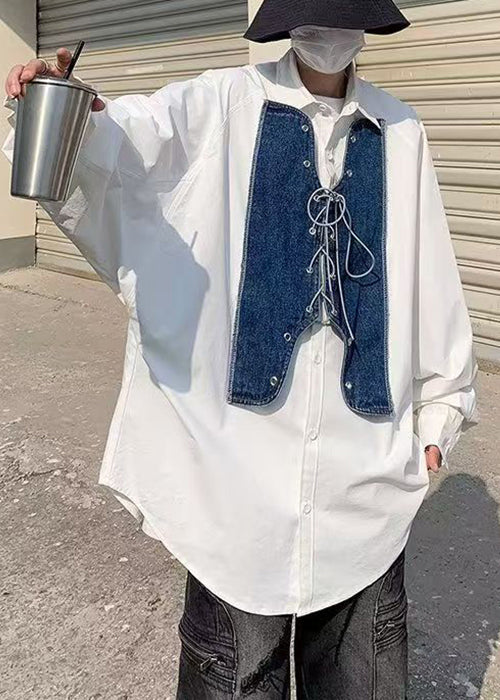 New White Lace Up Denim Patchwork Mens Shirt Spring