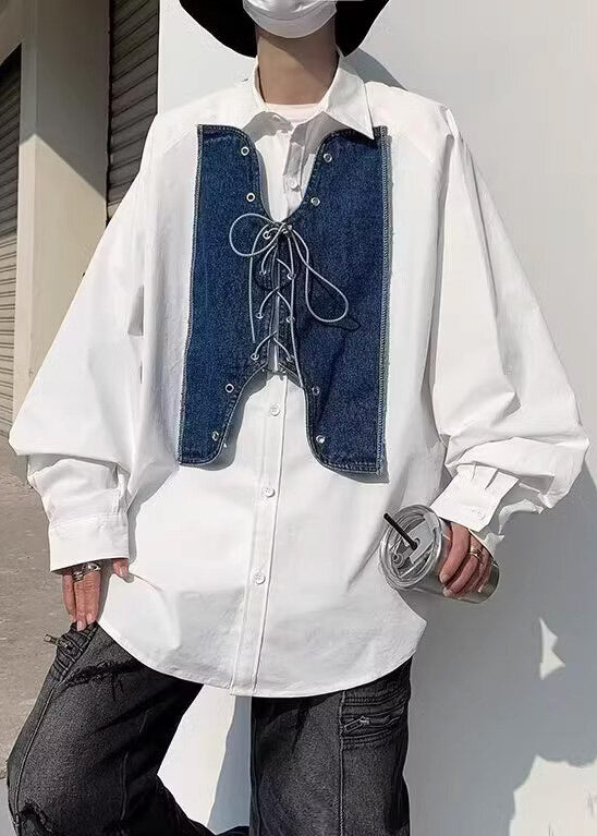 New White Lace Up Denim Patchwork Mens Shirt Spring