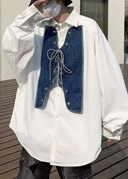 New White Lace Up Denim Patchwork Mens Shirt Spring