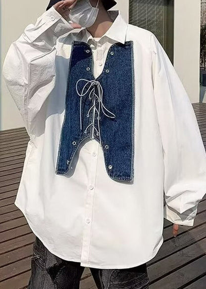 New White Lace Up Denim Patchwork Mens Shirt Spring