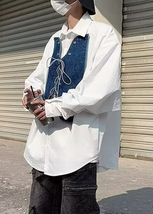 New White Lace Up Denim Patchwork Mens Shirt Spring