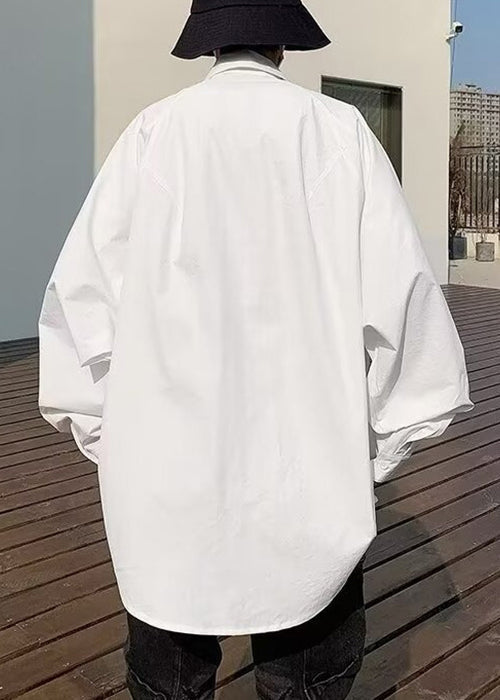 New White Lace Up Denim Patchwork Mens Shirt Spring