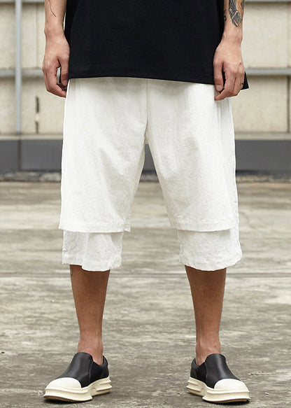 New White Pockets False Two Pieces Cotton Men Shorts Summer