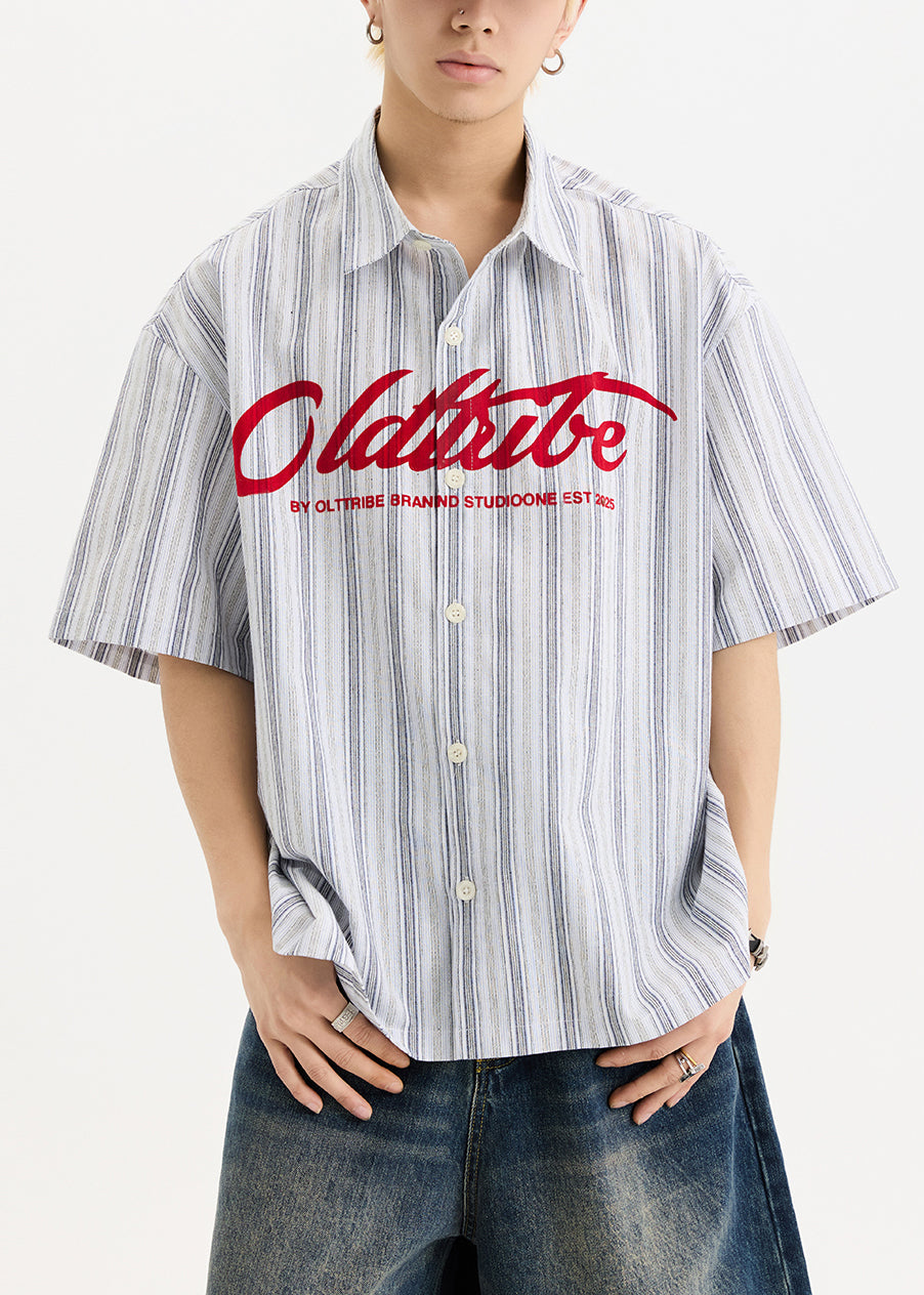 New White Print Button Oversized Cotton Men Shirts Half Sleeve