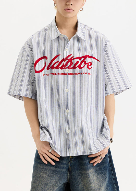 New White Print Button Oversized Cotton Men Shirts Half Sleeve