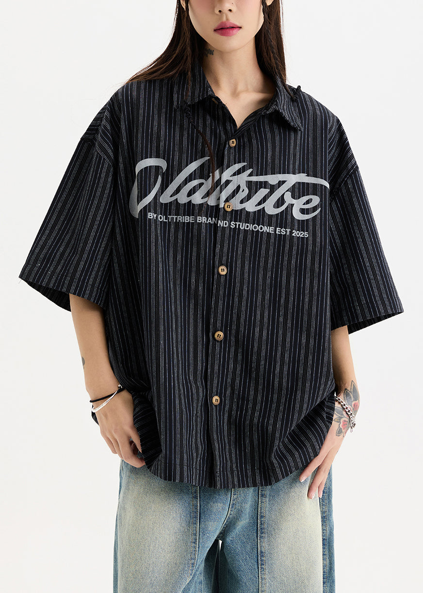 New White Print Button Oversized Cotton Men Shirts Half Sleeve