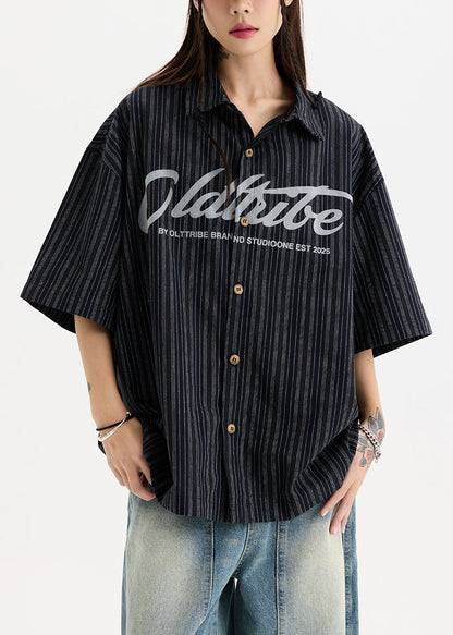 New White Print Button Oversized Cotton Men Shirts Half Sleeve