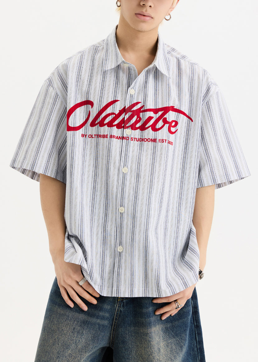 New White Print Button Oversized Cotton Men Shirts Half Sleeve