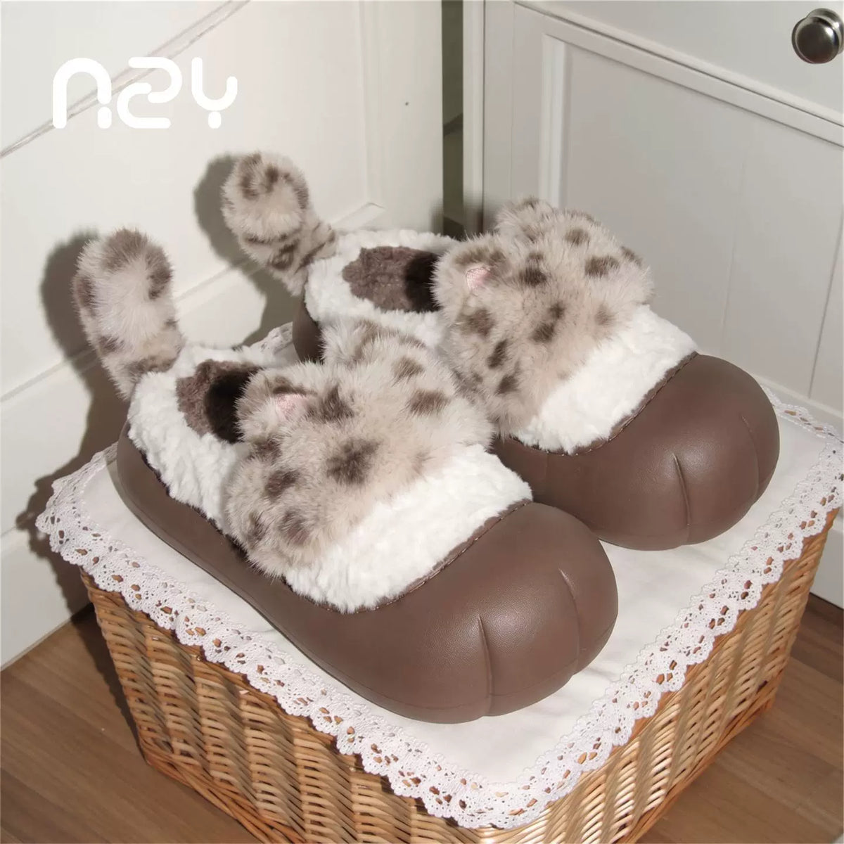 Leopard Print Cat Ear Slippers with Paw