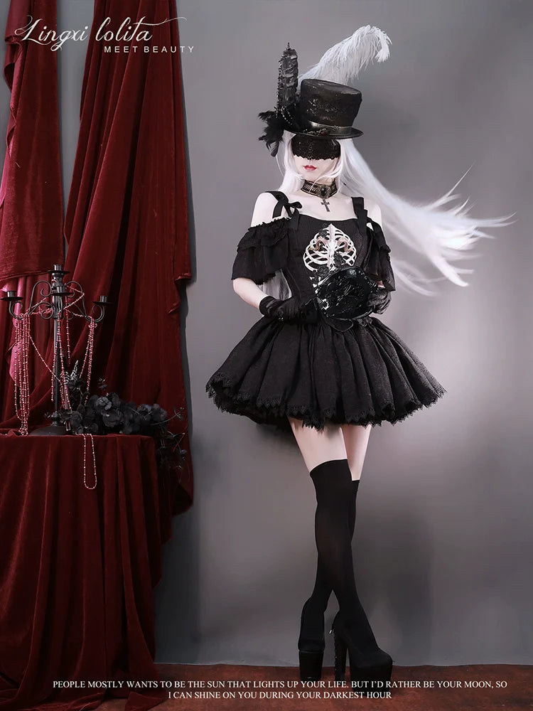 (BFM)Lingxi Lolita~Bone island Gothic Lolita Corset Goth Blouse Skirt Set   