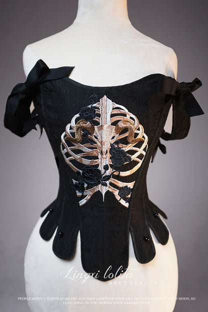 (BFM)Lingxi Lolita~Bone island Gothic Lolita Corset Goth Blouse Skirt Set   