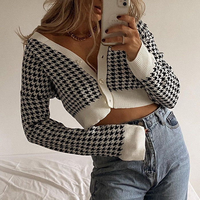 Black Check Crop Cardigan