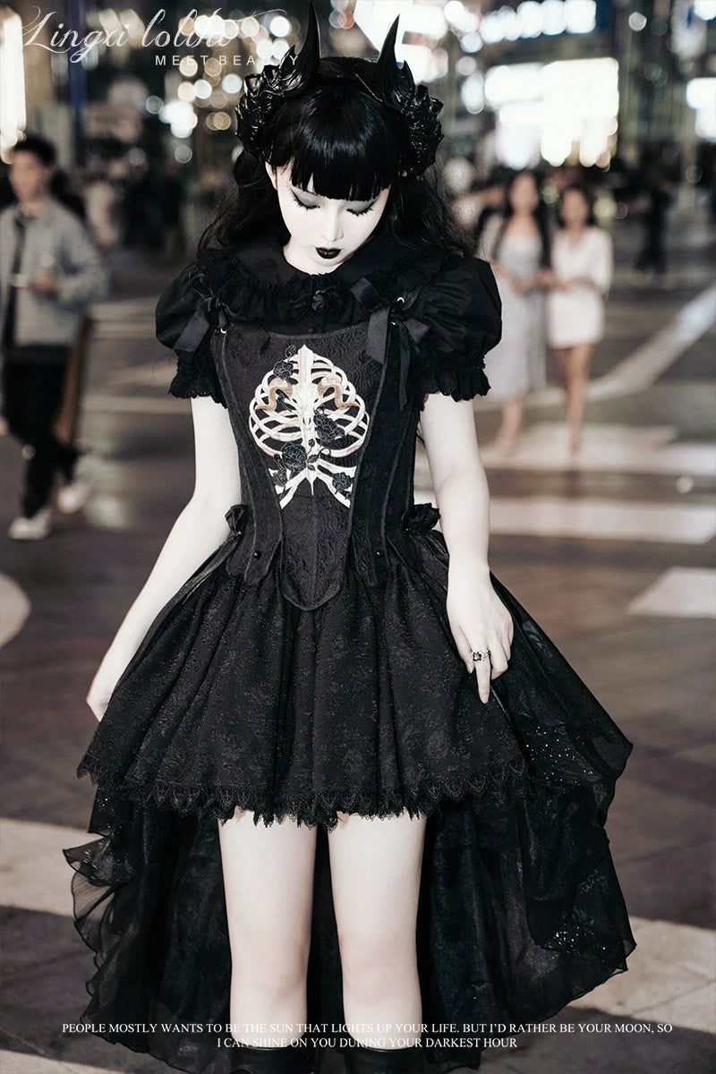 (BFM)Lingxi Lolita~Bone island Gothic Lolita Corset Goth Blouse Skirt Set   