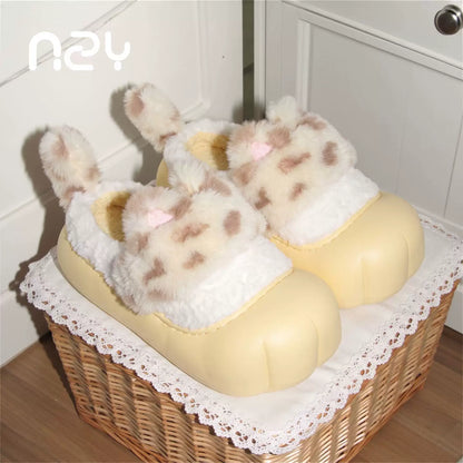 Leopard Print Cat Ear Slippers with Paw
