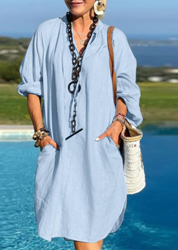 Organic Light Blue V Neck Patchwork Pockets Vacation Mid Dresses Fall