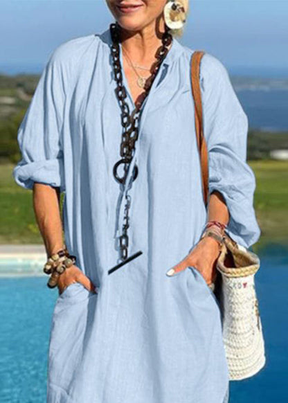 Organic Light Blue V Neck Patchwork Pockets Vacation Mid Dresses Fall