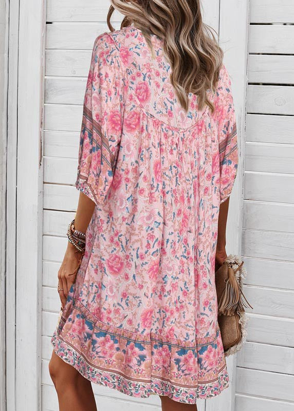 Organic Holiday Dress Pink Wrinkled Summer Patchwork Mid