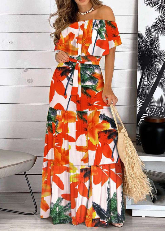 Summer Long Tunic Slash Dresses Red Organic Patchwork Neck