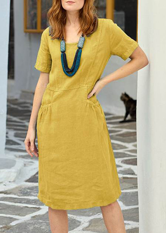 Organic Yellow Patchwork Pockets Solid Long Dress Short Sleeve