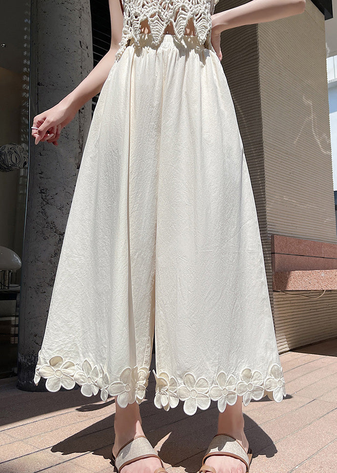 Original Design Black Floral Patchwork Cotton Wide Leg Pants Summer