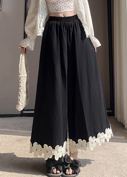 Original Design Black Floral Patchwork Cotton Wide Leg Pants Summer