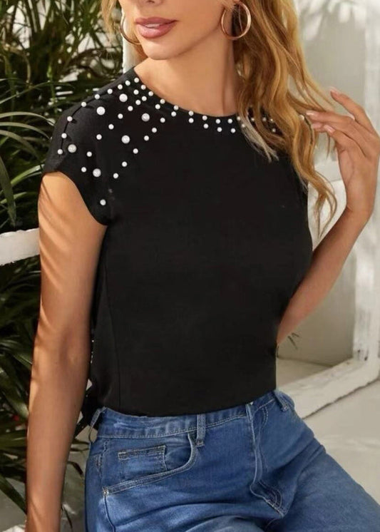 Original Design Black O-Neck Nail Bead Cotton T Shirts Summer