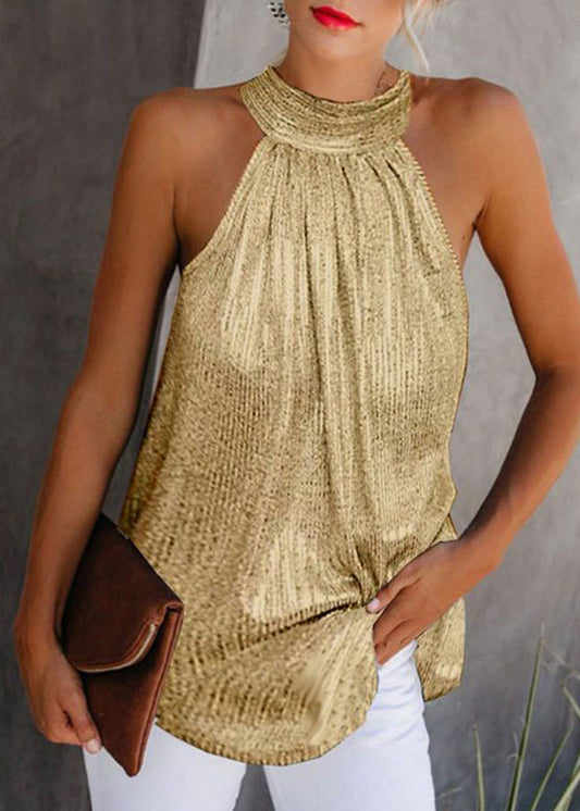Original Design Gold Turtleneck Wrinkled Top Sleeveless