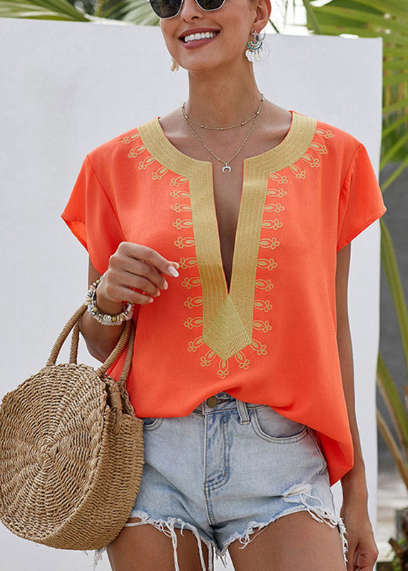 Sleeve Print Original Design Short Top Orange O-Neck