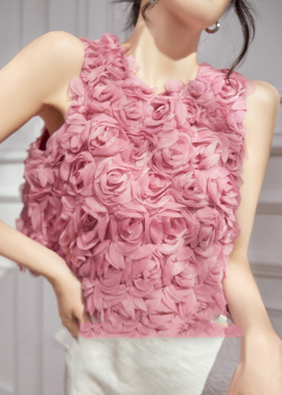 Pink Sleeveless Original Design Floral Tulle Vests