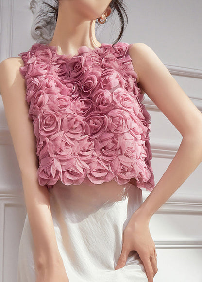 Pink Sleeveless Original Design Floral Tulle Vests