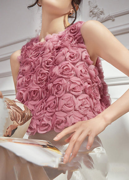 Pink Sleeveless Original Design Floral Tulle Vests