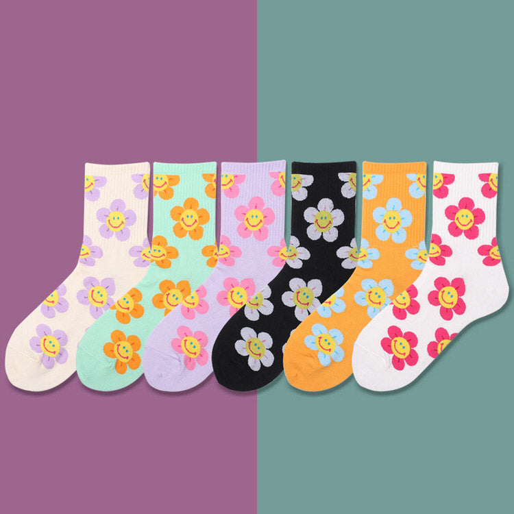 Kawaii Smile Face Flowers Socks