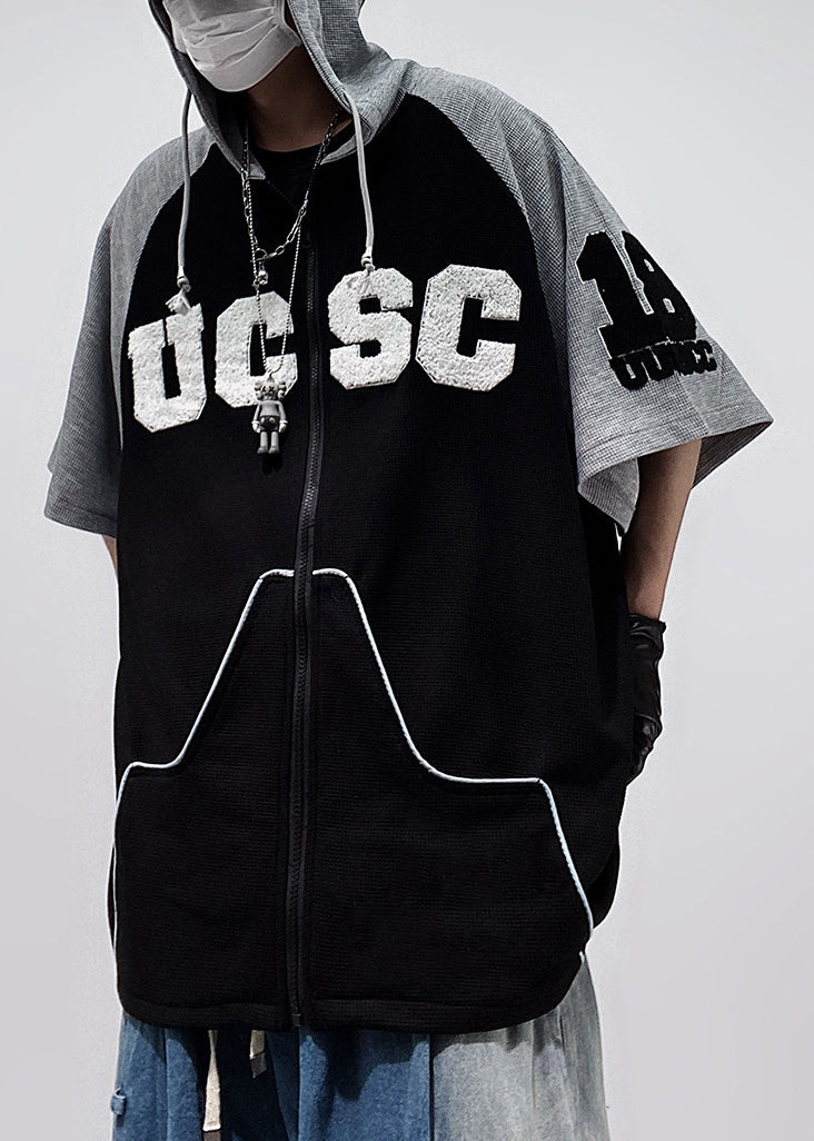 Plus Size Black Hooded Zippered Patchwork Cotton Men T Shirts Half Sleeve