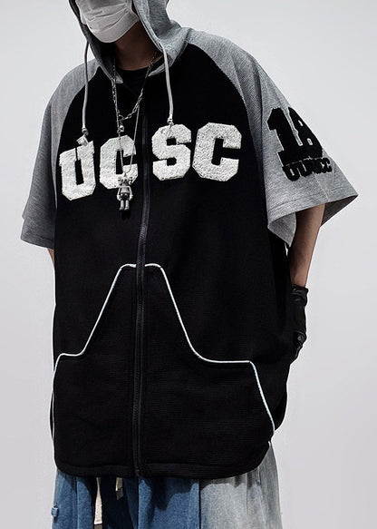 Plus Size Black Hooded Zippered Patchwork Cotton Men T Shirts Half Sleeve