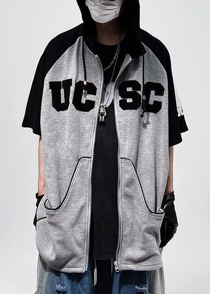 Plus Size Black Hooded Zippered Patchwork Cotton Men T Shirts Half Sleeve